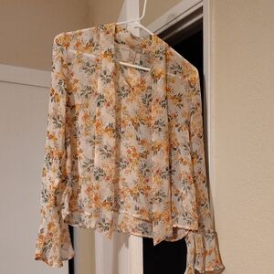 Forever 21 Floral Chiffon Blouse - Orange and Green